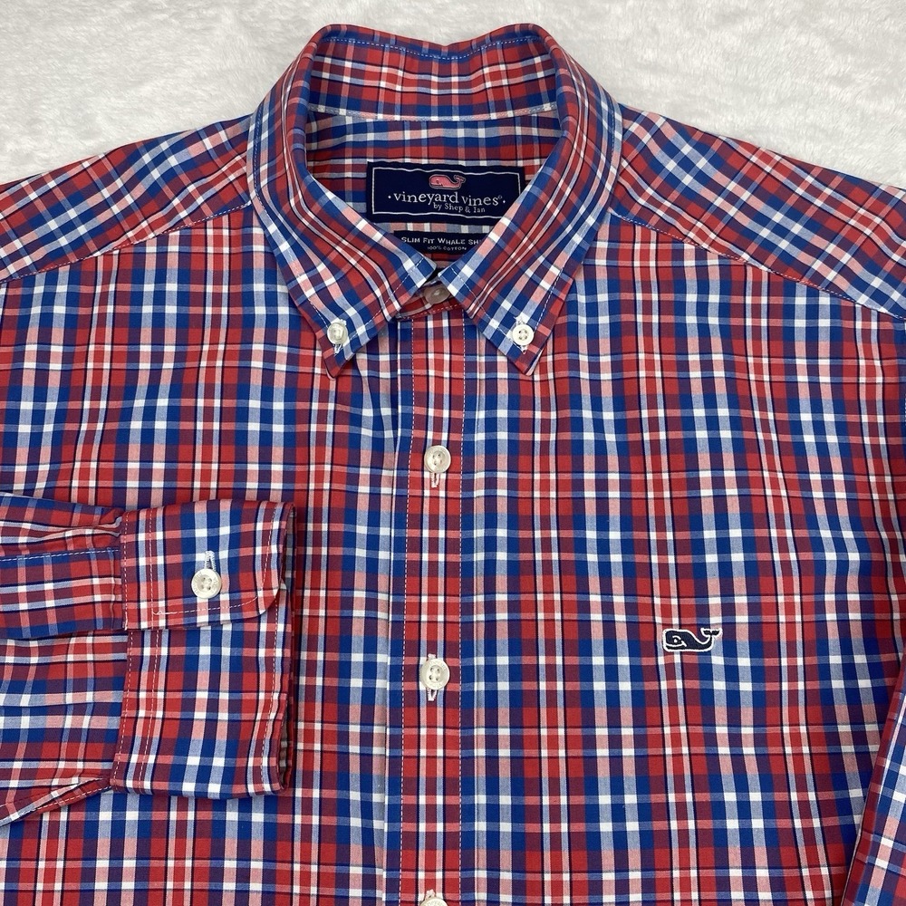Vineyard Vines Slim Fit Whale Shirt Mens Medium Red/Blue Plaid Long Sleeves